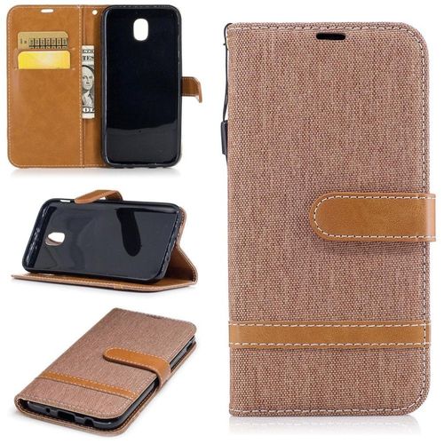Saturcase Premium Jeans Style Denim Et Pu Cuir Magnétique Flip Portefeuille Support Porte-Carte Protecteur Case Cover Coque Housse Étui Avec Dragonne Pour Samsung Galaxy J5 (2017) Sm-J530f (Brun)