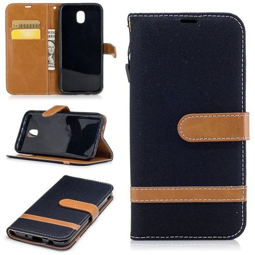 Saturcase Premium Jeans Style Denim Et Pu Cuir Magnétique Flip Portefeuille Support Porte-Carte Protecteur Case Cover Coque Housse Étui Avec Dragonne Pour Samsung Galaxy J5 (2017) Sm-J530f (Noir)