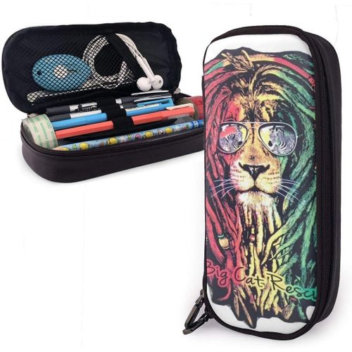 Trousse ¿¿ Crayons En Cuir Dreadlock Rasta Lion Jamaican Reggae Big Pen Bag Compartiments Organizer Papeterie Sac L¿¿Ger C