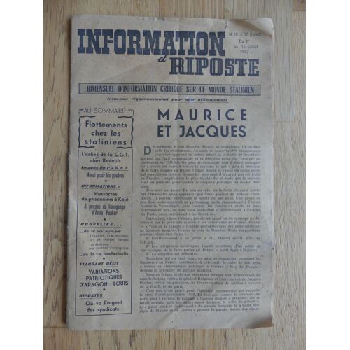 Information Et Riposte. Bimensuel D'information Critique Sur Le Monde Stalinien N°25 Du 1-15/07/1952