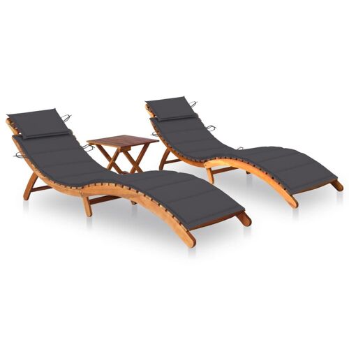 Lot De 2 Transats Chaise Longue Bain De Soleil Lit De Jardin Terrasse Meuble D'extérieur Avec Table Et Coussins Acacia Solide Helloshop26 02_0012111