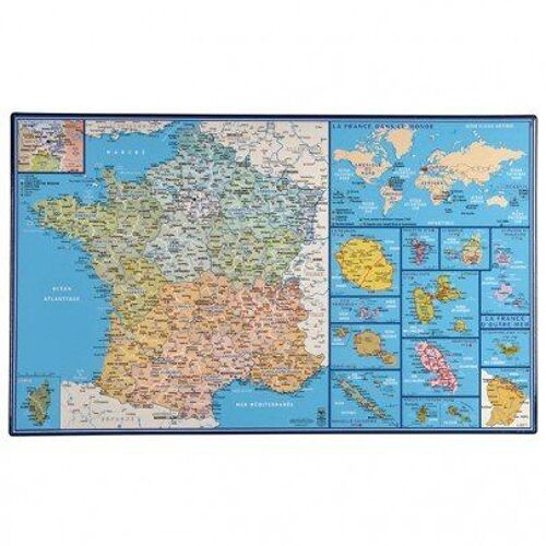 Carte De La France - Sous Main / Avec Régions - Départements Et Villes Imprimés + La France Dans Le Monde Et La France D'outre Mer (Dimension 35 X 60 Cm) Impression 2013