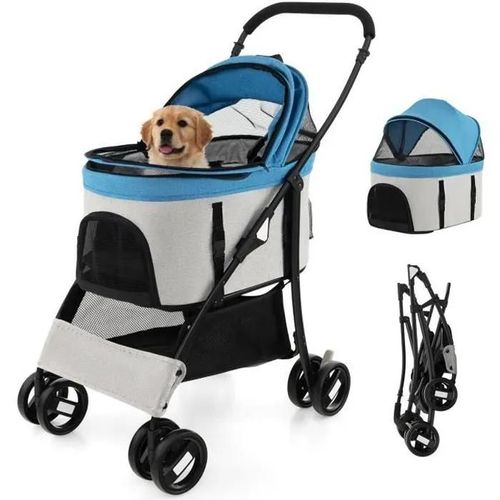 Costway Poussette Buggy Pliable Animaux - Auvent Réglable, Coussin Amovible, 4 Roues - Charge 15kg - Chariot Pour Chat -Chien - Bleu