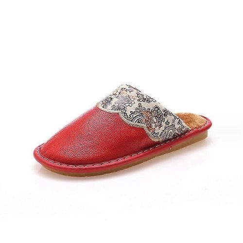 Pantoufles En Peau De Vachette Pour Femmes Confort Ultra-Doux Et Luxueux Avec Semelle Antidérapante Durable Parfaite Pour Une Utilisation En Intérieur Et En Extérieur-Rouge-Adulte-Taille 25 Femme-Unisexe