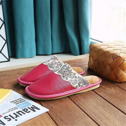 Pantoufles En Peau De Vachette Pour Femmes Confort Ultra-Doux Et Luxueux Avec Semelle Antidérapante Durable Parfaite Pour Une Utilisation En Intérieur Et En Extérieur-Rose Rouge-Adulte-Taille 25 Femme-Unisexe