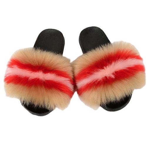 Evago Fluffy Fur Diapositives En Fausse Fourrure Pour Femmes, Pantoufles En Fourrure Mignonnes À Bout Ouvert, Sandales En Fourrure Confortables-27-Adulte-Taille 42-43-Femme