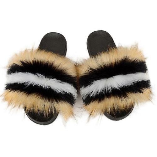 Evago Fluffy Fur Diapositives En Fausse Fourrure Pour Femmes, Pantoufles En Fourrure Mignonnes À Bout Ouvert, Sandales En Fourrure Confortables-29-Adulte-Taille 36-37-Femme