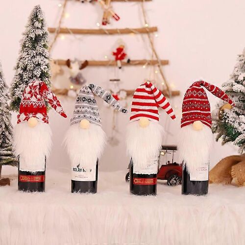 Evago 4 Pack De 4 Gnomes De Noël Couvercle De Bouteille De Vin, Fait À La Main Suédois Tomte Gnomes Bouteilles De Vin Sacs De Bouteilles Pour Décorations De Noël