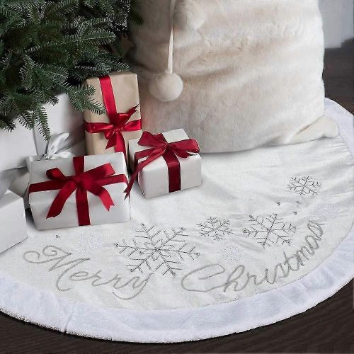 Jupe D'arbre De Noël Jute Blanche Avec Lignes Argentées Garniture En Fausse Fourrure 48 Pouces