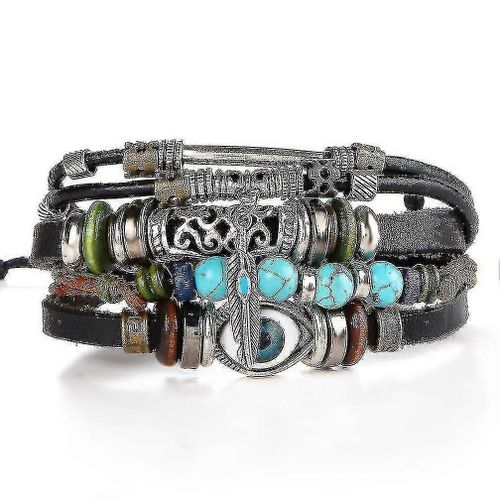 Bracelet En Cuir Pour Les Yeux Bleu Hmwy Perlé Multicouche Creux