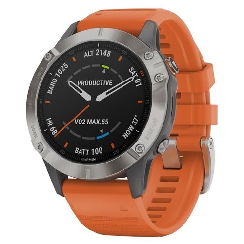 Garmin fenix 6 Sapphire - 47 mm - titane - montre de sport avec bracelet - silicone - orange braise - affichage 1.3" - 32 Go - Bluetooth, Wi-Fi, ANT+ - 49 g