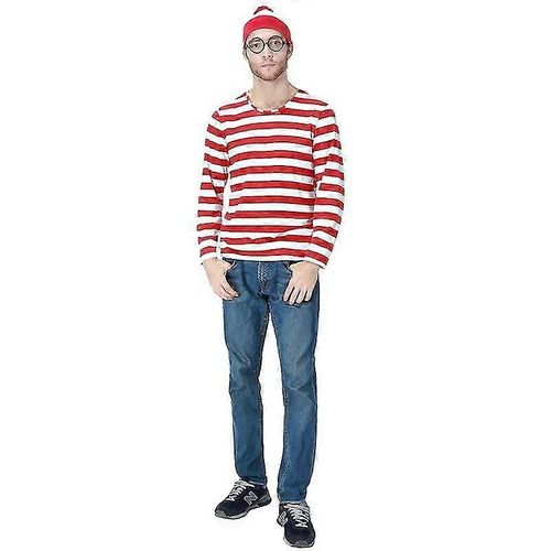 Evago Où Est Wally Waldo Maintenant Rouge & & Blanc Cosplay Costume Chemise Pull + Chapeau + Lunettes Halloween Carnaval Fête Maison Robe Halloween Cos-S-Adulte-Homme-Unisexe