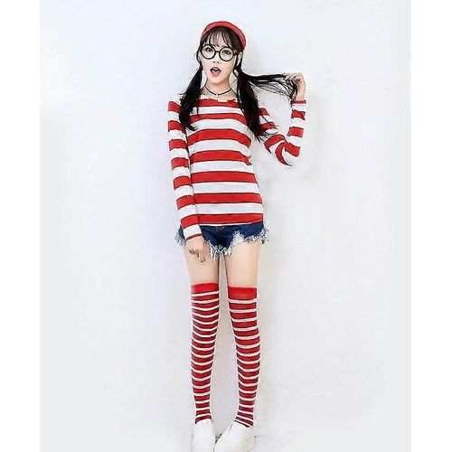 Evago Où Est Wally Waldo Maintenant Rouge & & Blanc Cosplay Costume Chemise Pull + Chapeau + Lunettes Halloween Carnaval Fête Maison Robe Halloween Cos-M-Adulte-Femme-Unisexe