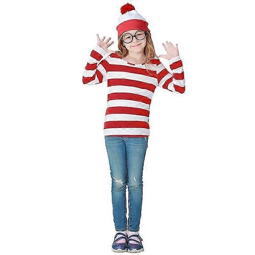 Evago Où Est Wally Waldo Maintenant Rouge & & Blanc Cosplay Costume Chemise Pull + Chapeau + Lunettes Halloween Carnaval Fête Maison Robe Halloween Cos-S-Adulte-Enfants-Unisexe