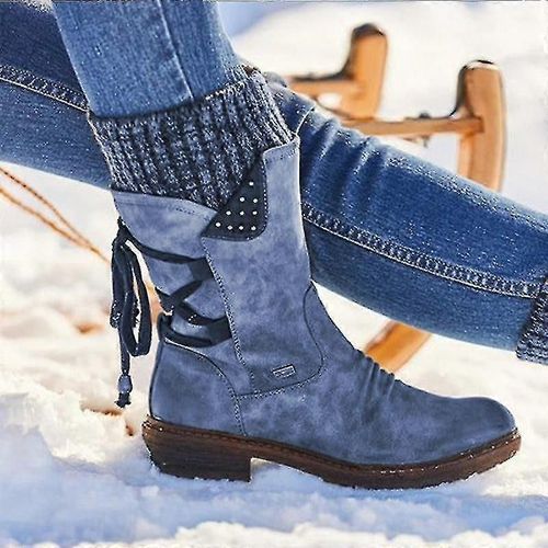 Bottes Mi-Mollets Pour Femmes, Chaussures D'hiver Flock-Bleu-Adulte-4-Mâle