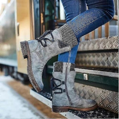 Bottes Mi-Mollets Pour Femmes, Chaussures D'hiver Flock-Gris-Adulte-11-Mâle