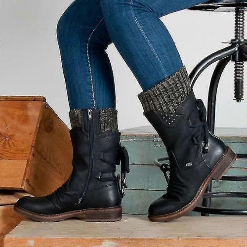 Bottes Mi-Mollets Pour Femmes, Chaussures D'hiver Flock-Noir-Adulte-12-Homme