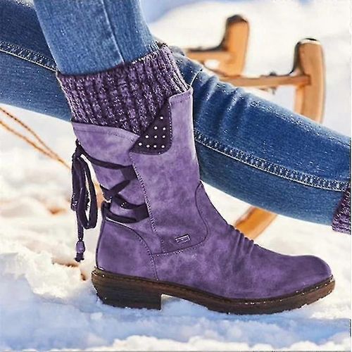 Bottes Mi-Mollets Pour Femmes, Chaussures D'hiver Flock-Violet-Adulte-10-Mâle