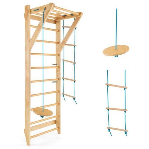Costway 4 En 1 Espalier En Bois Avec 9 Barres Pour Exercicer À Domicile, 80 X 60 X 220 Cm, Charge 100 Kg, 12 Accessoires Inclus