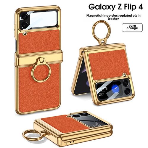 Étui De Téléphone Pliable Pour Samsung Galaxy Z Flip 4 Nouveau Design Créatif Avec Rotation Magnétique Et Anneau En Cuir Fin Orange Litchi