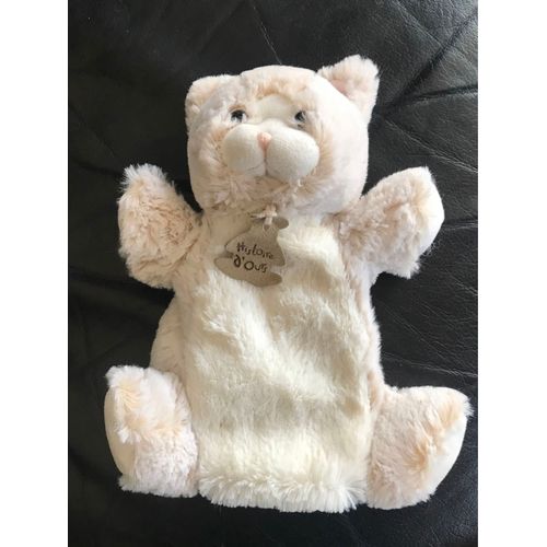 Doudou Histoire D'ours Marionnette Chat Marron Chiné Beige Blanc Nez Rose