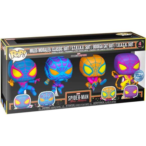 Figurine Funko Pop - Marvel's Spider-Man: Miles Morales - Miles Morales : Classic Suit / Strike Suit / Bodega Cat Suit / Track Suit - Black Light - 4 Pack (69140)