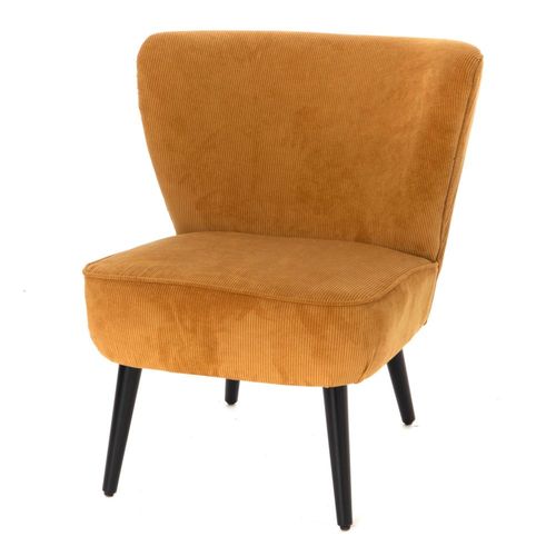 Fauteuil Coquille Côtelé Jaune En Velours Et Bois