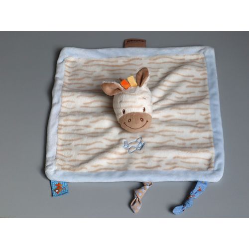 Doudou Zèbre Plat Bleu Blanc Beige Avion Nattou