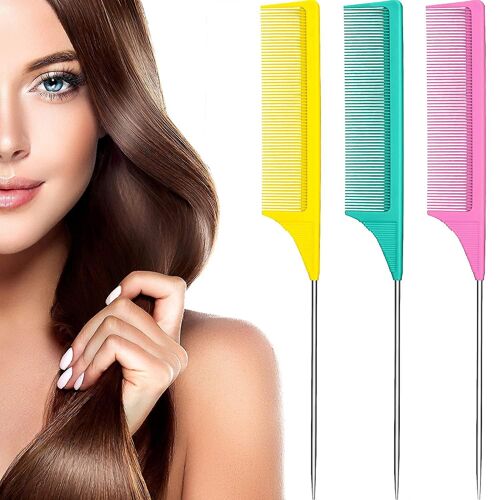 3 Packs Rat Tail Comb Steel Pin Rat Tail Fibre De Carbone Résistant À La Chaleur Taquineries Peignes Avec Pintail En Acier Inoxydable (Jaune, Rose, Vert)