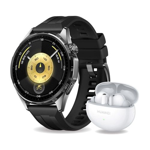 PACK MONTRE CONNECTÉE HUAWEI WATCH GT6 46 MM BLUETOOTH NOIR AVEC BRACELET FLUOROÉLASTOMÈRE NOIR + ECOUTEURS FREEBUDS 6I BLAN