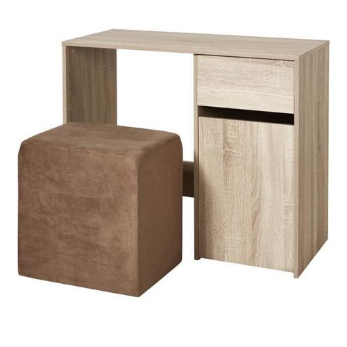 Bureau Droit En Bois Mdf - Tissu Taupe - L 90 X P 40 X H 75 Cm - 1 Tiroir 1 Porte + 1 Pouf - Alice