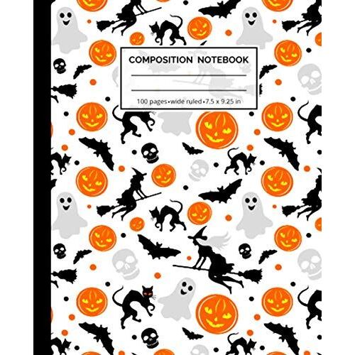 Composition Notebook: Halloween Cat, Pumpkin, Witch, Bat, Pattern Notebook Journal | Wide Ruled Lined 100 Pages | Perfect For Writing And Journaling Or School Essentials