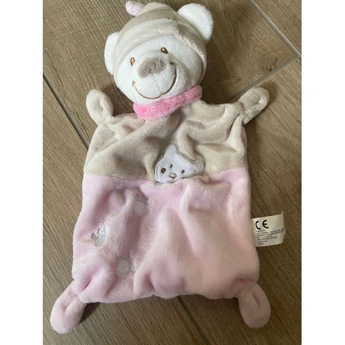 Doudou peluche ours Nicotoy beige rose c et a plat bar oso Kiabi 