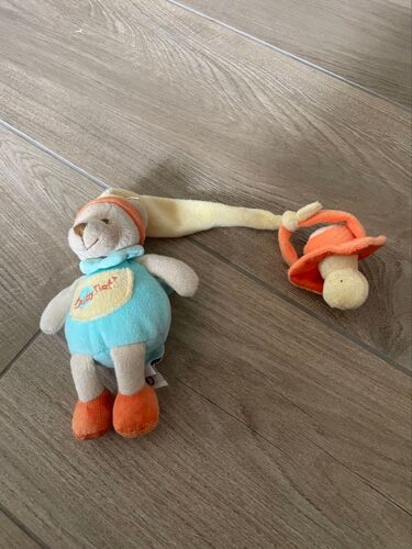 Doudou peluche ours attaché sucette baby nat bleu jaune orange petit 