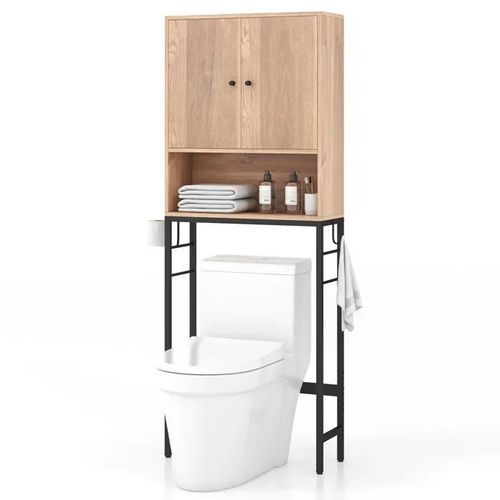 Costway Meuble Wc Au-Dessus Des Toilettes Avec 2 Portes, Etagère Réglable, Barre Inférieure Réglable, 2 Crochets Latéraux, Naturel