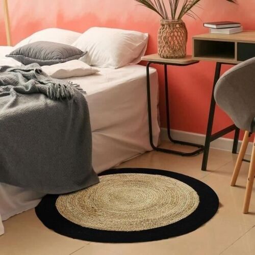 Funny Jute - Tapis Salon Ou Chambre En Jute Naturel Rond Diamètre 90 Cm - Bord Noir