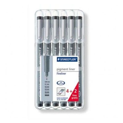 Staedtler Etui Chevalet 6 Feutres Noirs Pointe Calibrée 0,05/0,1/0,2/0,3/0,5/0,8 - 4+2 Gratuits