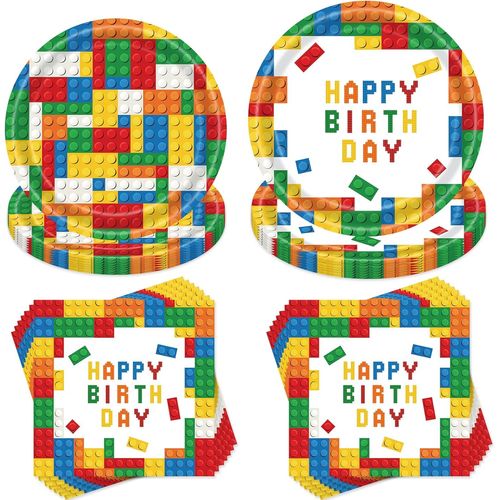 Tianyi-Lot De 40 Ustensiles De Fête D'anniversaire D'enfant Avec Assiettes, Gobelets, Serviettes, Pailles Et Blocs De Construction Pour 10 Invités