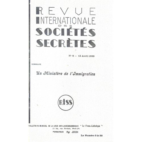 R.I.S.S. (Revue Internationale Des Sociétés Secrètes) Numéro 8 (15/04/1939)