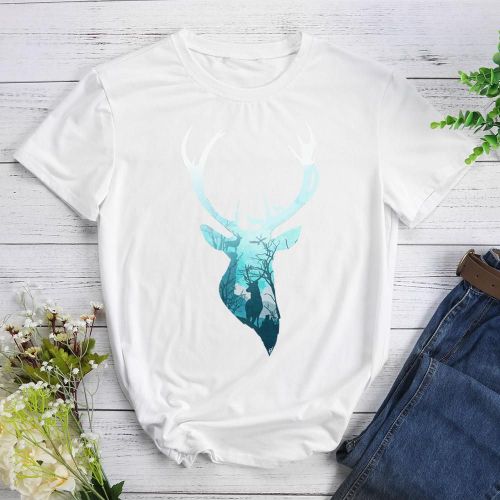T-Shirt À Manches Courtes Pour Femmes, Col Rond, Motif Cerf Bleu, À La Mode, Blanc