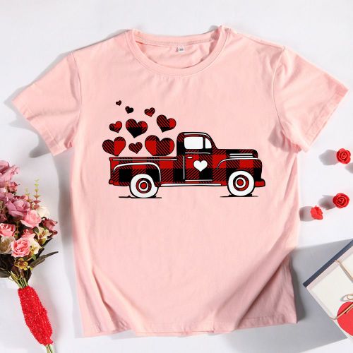 T-Shirt Imprimé Coeur De Voiture Pour Femme, Haut Décontracté, Cadeau D'amour Pour La Saint-Valentin, Pour Petite Amie, S-Xxxl
