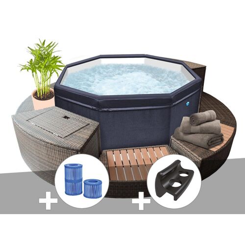 Spa portable Netspa semi-rigide Octopus octogonal Bulles 4-6 places avec mobilier + 3 cartouches de filtration + 2 appuie-t?tes + porte-gobelet