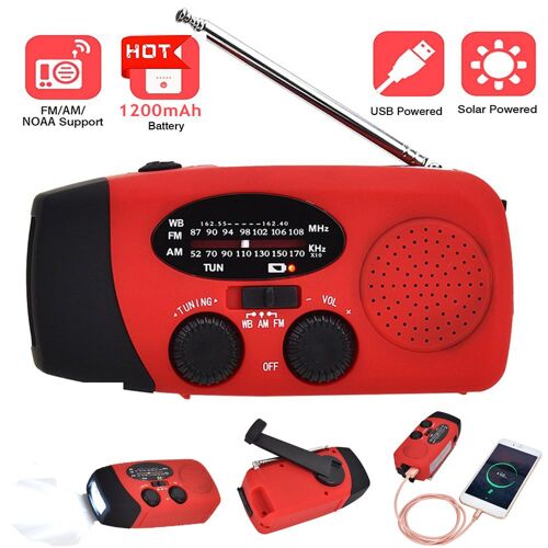 Radio multifonctionnelle rouge à énergie solaire AM/FM/NOAA, avec chargeur, lampe de poche LED d'urgence, batterie 1200mAh