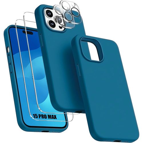 Coque Pour Iphone 15 Pro Max Tpu Bleu + 2 Verres Trempés Et 2 Protections Caméra Arrière - Booling
