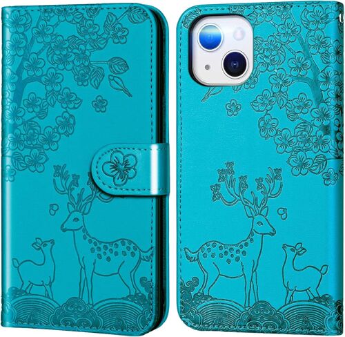 Aisenth Coque Pour Iphone 13 (6,1 Pouces), Fleur Cerf Sika Animaux Motif Etui A Rabat, Housse De Protection En Cuir Synthetique Portefeuille Avec Fentes Pour Cartes, Fonction De Support, Bleu Vert
