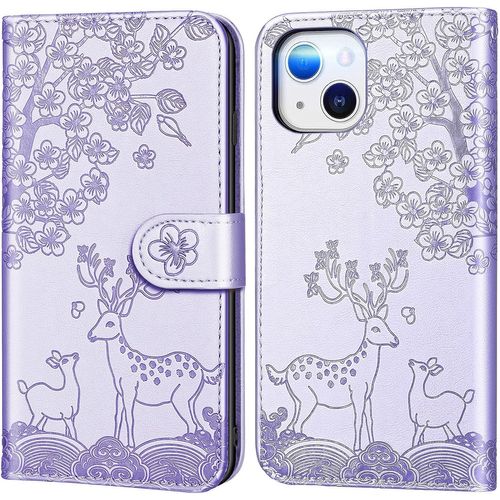 Coque Pour Iphone 13 (6,1 Pouces), Fleur Cerf Sika Animaux Motif Etui A Rabat, Housse De Protection En Cuir Synthetique Portefeuille Avec Fentes Pour Cartes, Fonction De Support, Mauve