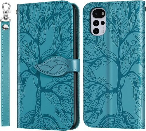 Coque Motorola Moto G22 Arbre En Relief Housse En Cuir Pu Moto G22 Portefeuille Etui A Rabat Pour Motorola G22 5g - Bleu