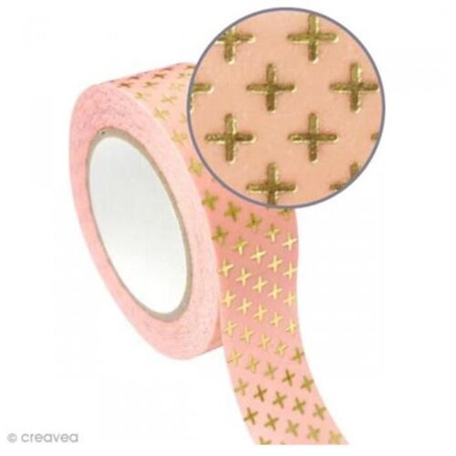 2 Masking Tapes 1,5 Cm X 10 M - Fond Rose Et Croix Dorée