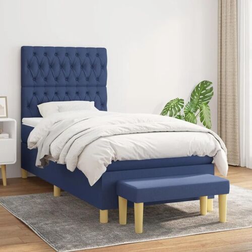 Lit tapissier bleu/blanc, tête réglable, matelas ressorts ensachés, banc inclus.