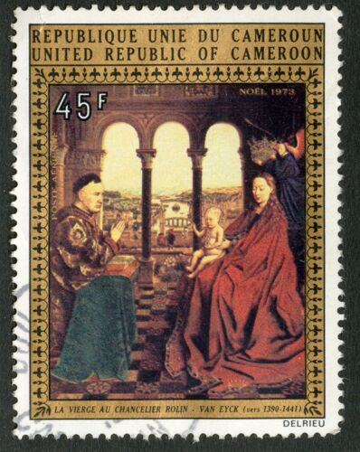 Timbre Oblitéré République Unie Du Cameroun, La Vierge Au Chancelier Rolin, Van Eyck Vers 1390 - 1441, 45 F, Noël 1973, Delrieu